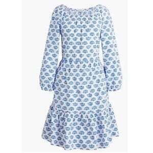 J Crew Scoopneck Tiered Cotton Poplin Mini Dress Blue White Pattern Block Print